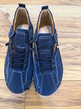 Sporto Men's Dark Blue Lace-Up Suede-Look Sneakers with Tan Accents
